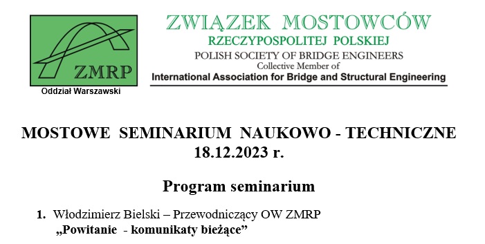 MOSTOWE  SEMINARIUM  NAUKOWO – TECHNICZNE 18.12.2023 r.